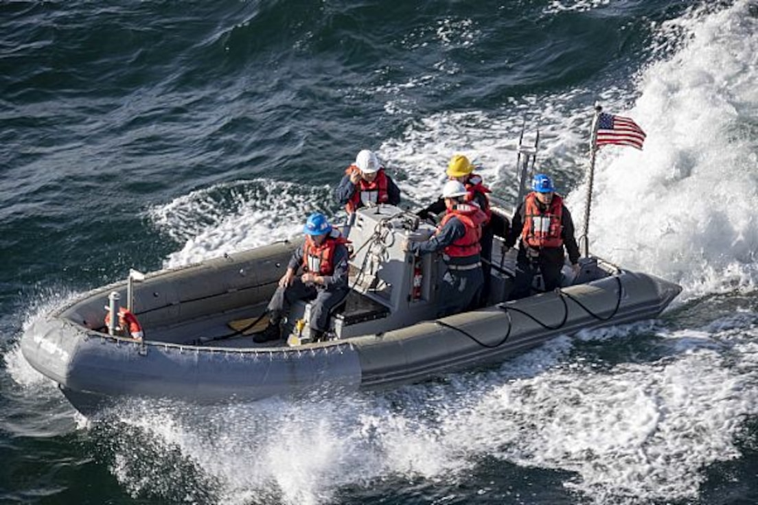 Sailors assigned to the aircraft carrier USS Gerald R. Ford (CVN 78) conduct small boat operations in the Atlantic Ocean. Gerald R. Ford is currently underway conducting an independent steaming exercise. (U.S. Navy photo by Mass Communication Specialist 3rd Class Connor Loessin/Released)