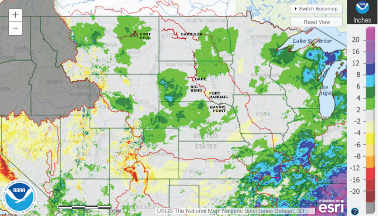 The Upper Missouri River basin has experienced below-normal precipitation since January. This map shows the precipitation departure from normal for the last 180 days from May 7, 2020. The map and data are generated by the National Weather Service's Advanced Hydrologic Prediction Service. The location of upper basin Missouri River mainstem dams has been spotlighted.