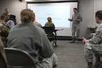 Master Sgt. Steven Ulrich instructs Wisconsin National Guard Soldiers and Airmen on mortuary affairs support in Whitewater, Wisconsin, April 8, 2020. Approximately 20 members of the Wisconsin National Guard Soldiers were trained to assist civilian mortuaries in response to COVID-19.