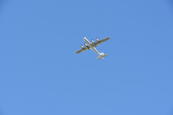 A B-29 Superfortress known as ‘Doc,' flys over Derby Rock Regional Hospital as part of a Total Force formation flyover May 6, 2020, at Derby, Kansas.  The four-ship flyover included 'Doc' and one KC-46A Pegasus and two KC-135 Stratotankers, consisting of 931st and 22nd Air Refueling Wing aircrews.  The planes flew over 11 other local area hospitals to show appreciation for essential personnel on the front lines of COVID-19.  (U.S. Air Force photo by Tech. Sgt. Abigail Klein)