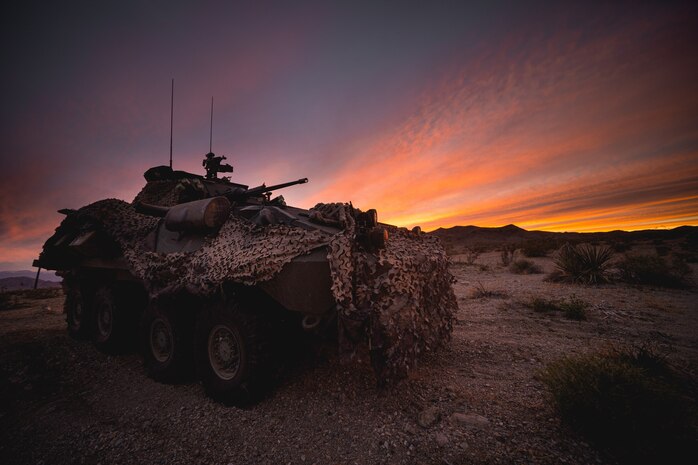 A Light Armored Vehicle-25 is used to secure a position during a Marine Corps Combat Readiness Evaluation at Marine Corps Air Ground Combat Center Twentynine Palms, Calif., March 31.