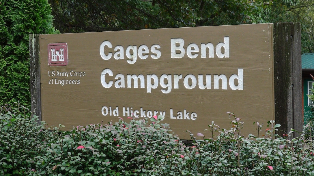 The U.S. Army Corps of Engineers Nashville District is extending its closure of 25 Corps-managed campgrounds within the Cumberland River Basin in Kentucky and Tennessee through at least May 31 in the interest of public safety due to the COVID-19 pandemic. This is the sign for Cages Bend Campground at Old Hickory Lake. (USACE photo by Lee Roberts)