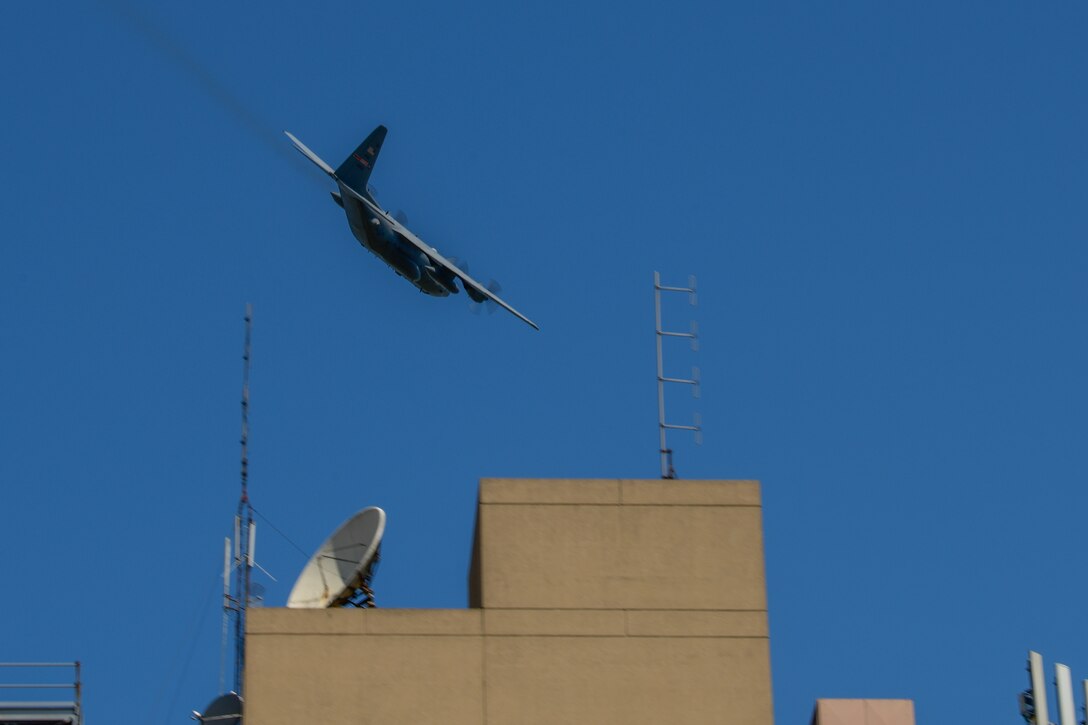 Aircrews from the 757th Airlift Squadron here flew the pair of aircraft over hospitals in Pennsylvania and Ohio to salute medical workers and first responders on the front lines of the COVID-19 pandemic.