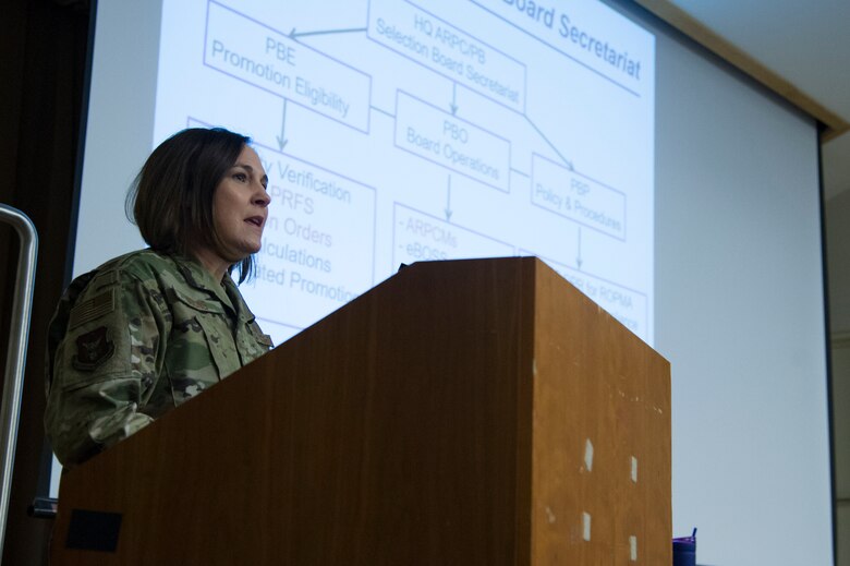 U.S. Air Force Lt. Col. Kimberly Young, assigned to the Force Development branch at Headquarters Air Reserve Personnel delivers a personnel briefing as part of HQ ARPC's Spread the Word program at the National Capital Region Air Force Reserve Assembly April 11-12, 2019 at the Pentagon. In 2020, Young delivered briefings to the NCR, but did so virtually due to the AF Reserve's COVID-19 response efforts.. (U.S. Air Force photo by Staff Sgt. Katrina Brisbin/Released)