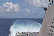 USS Montgomery (LCS 8) and USNS Cesar Chavez (T-AKE 14) operate near drillship West Capella