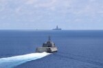 USS Montgomery (LCS 8) and USNS Cesar Chavez (T-AKE 14) operate near drillship West Capella