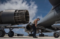 Senior Airman Shelby Ries, 7th Aircraft Maintenance Squadron aerospace propulsion mechanic, loads an engine onto a trailer at Andersen Air Force Base, Guam, May 3, 2020. The B-1 has four engines that can produce 30,000 lbs. of thrust each. Four B-1Bs deployed to Andersen as part of U.S. Strategic Command’s support to the National Defense Strategy objectives of strategic predictability and operational unpredictability by using a mix of different aircraft to and from various dispersed U.S. bases and other departure and arrival points, to include Guam. (U.S. Air Force photo by Senior Airman River Bruce)