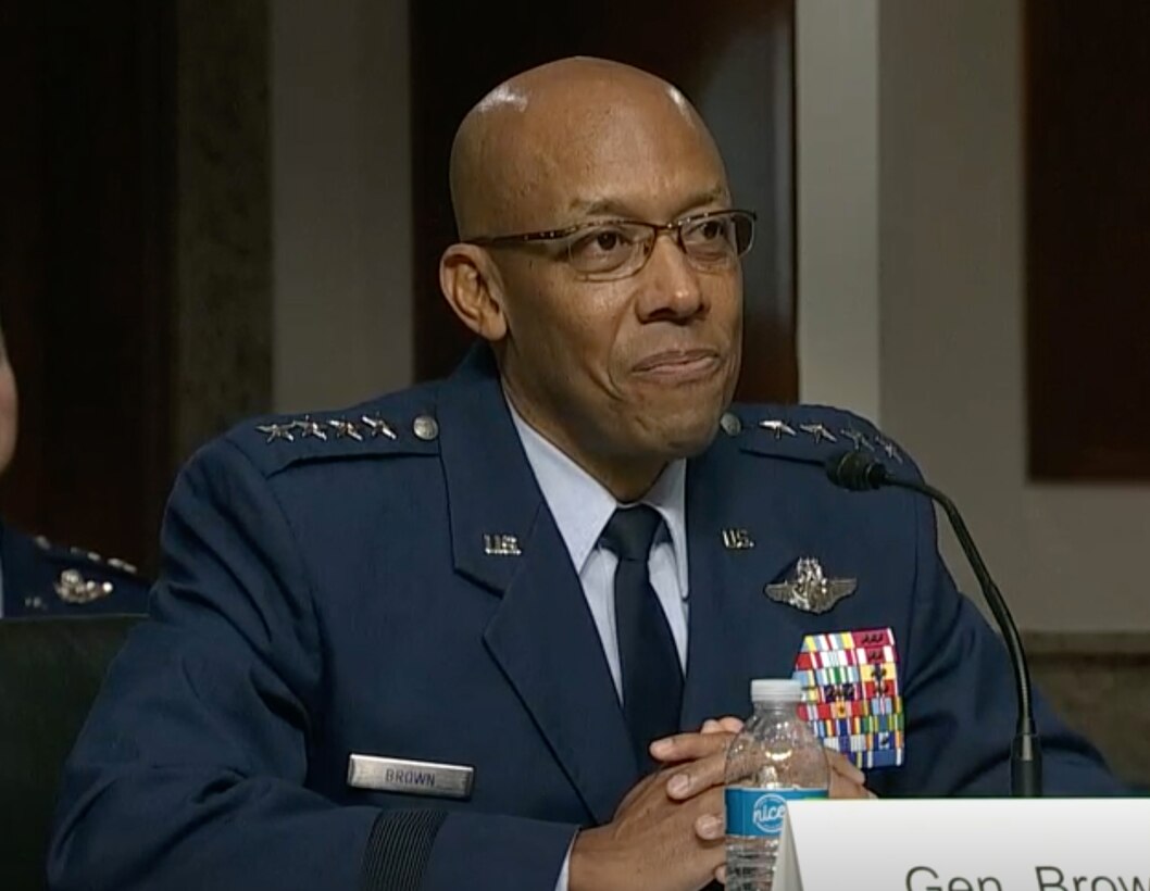 Gen. Charles “CQ” Brown responds to a question, May 7, 2020 on Capitol Hill, Washington, D.C., during a Senate Armed Services Committee hearing to consider his nomination to be the next Air Force chief of staff. Brown was nominated to become the 22nd chief of staff replacing Gen. David L. Goldfein. (C-Span video capture)