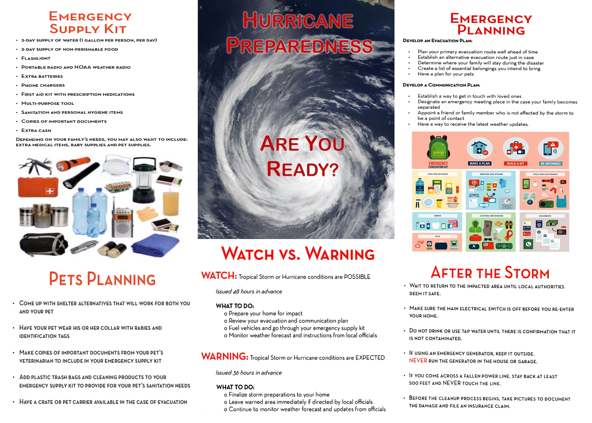 Hurricane Preparedness graphic with information about hurricane preparations and planning. (U.S. Air Force Graphic by Jessica L. Kendziorek)