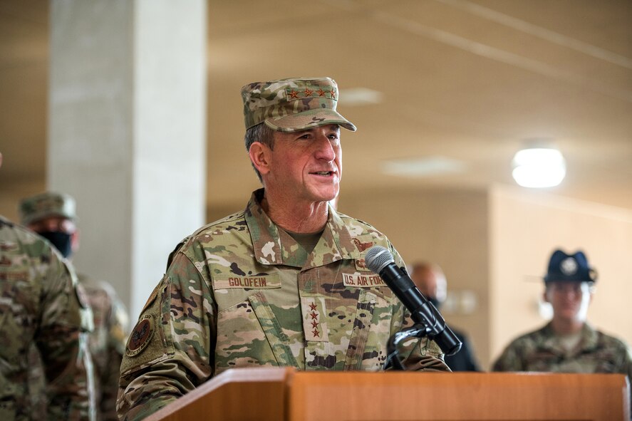 Air Force Chief of Staff Gen. David L. Goldfein addresses Airmen during basic military training graduation May 7, 2020, at Joint San Antonio-Lackland, Texas.