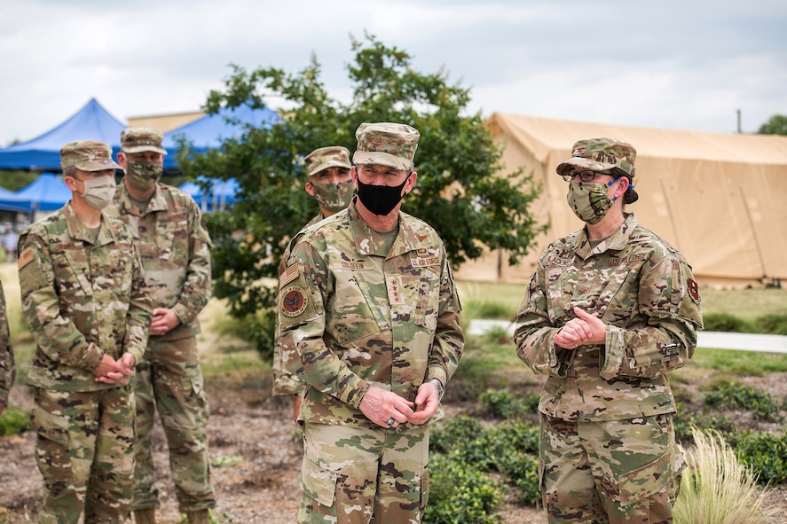 Air Force Chief of Staff Gen. David L. Goldfein (center) visits Reid Clinic May 7, 2020, at Joint Base San Antonio-Lackland, Texas.