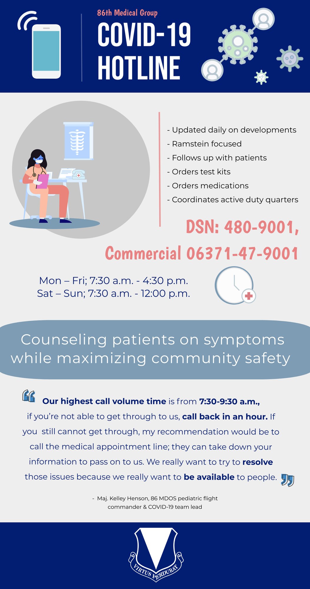 Graphic of COVID-19 hotline. The phone number is 06371 47 9001