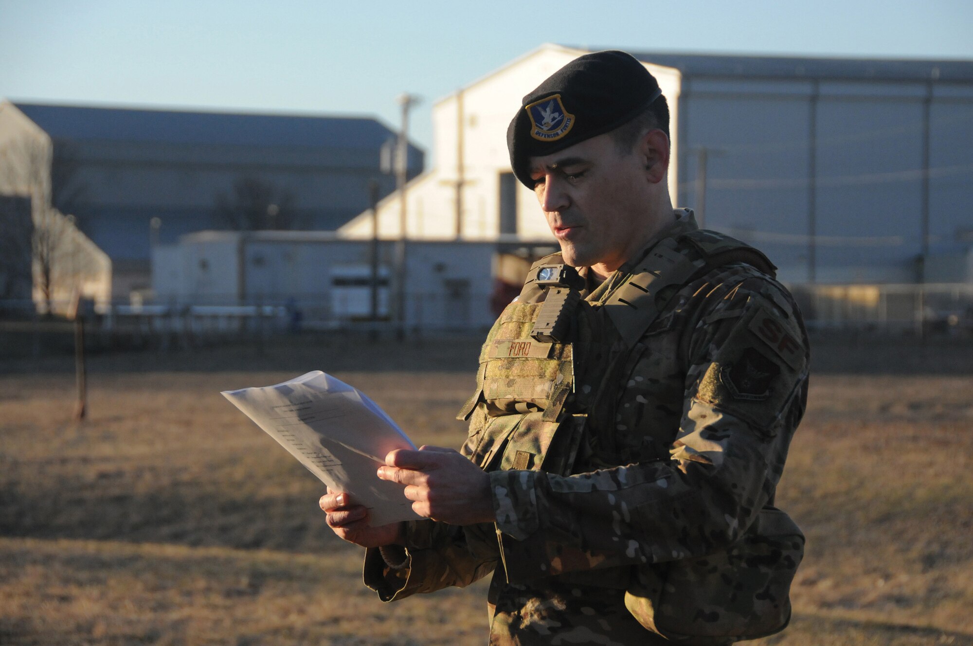 Tech. Sgt. Joel Ford from the 445th Security Forces Squadron, leads a training exercise at Wright-Patterson Air Force Base, Ohio, March 8, 2020. (U.S. Air Force photo/Senior Airman Amelia Burnett)
