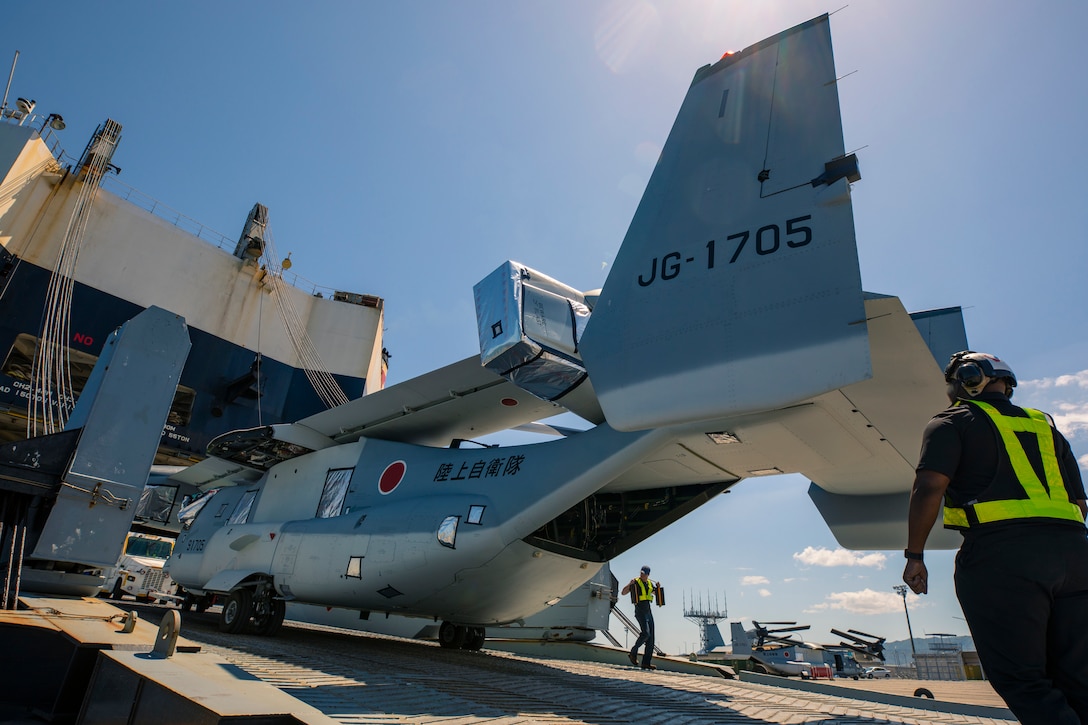 V-22 Ospreys bound for Japan Ground Self-Defense Force units arrive in Japan at Marine Corps Air Station, Iwakuni, May 8.