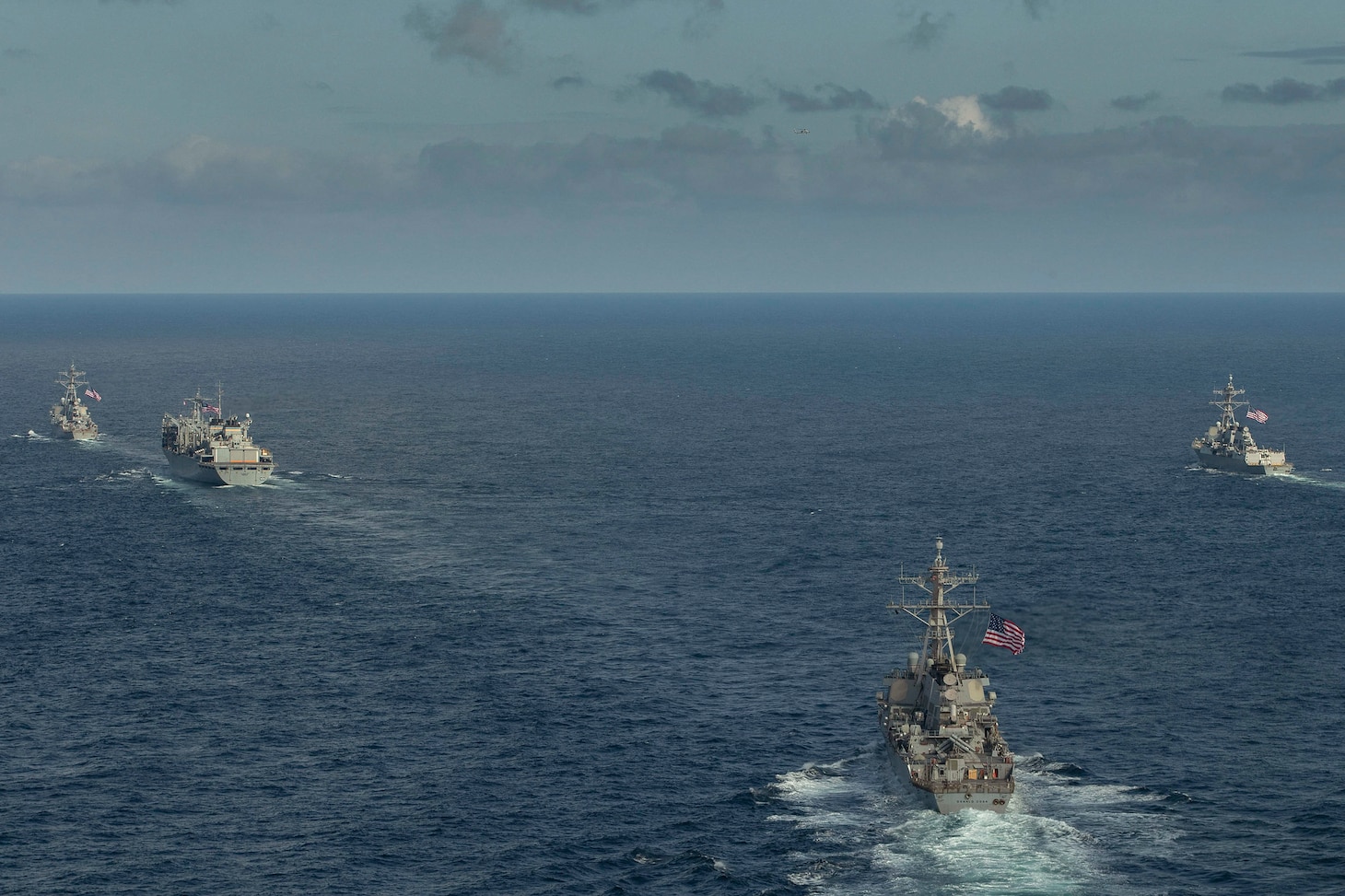 ARCTIC OCEAN (May 5, 2020) The Type-23 Duke-class frigate HMS Kent (F78), the Arleigh Burke-class guided-missile destroyer USS Roosevelt (DDG 80), the Arleigh Burke-class guided-missile destroyer USS Porter (DDG 78), the Arleigh Burke-class guided-missile destroyer USS Donald Cook (DDG 75), and USNS Supply (T-AOE-6) conduct a photo exercise (PHOTOEX) while conducting joint operations to ensure maritime security in the Arctic Ocean, May 5, 2020.
