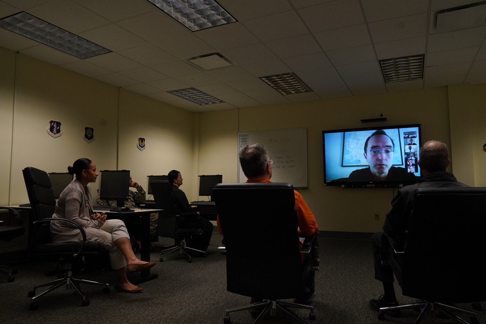 Command and control apprentice course instructors attend a zoom meeting inside Cody Hall at Keesler Air Force Base, Mississippi, May 6. Students from the University of Southern Mississippi presented their project of solving how to make command and control training more engaging and accessible. (U.S Air Force photo by Airman 1st Class Spencer Tobler)