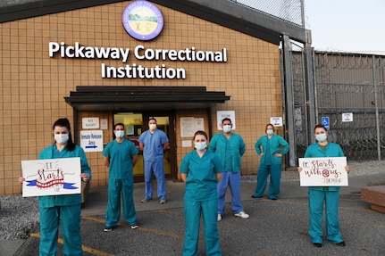 Members of Joint Task Force Red Med at Pickaway Correctional Institution in Orient, Ohio, May 4, 2020. A team of nearly 30 Ohio National Guard Soldiers and Airmen has been on duty since April 13 at PCI, supporting the onsite medical staff during the COVID-19 pandemic.