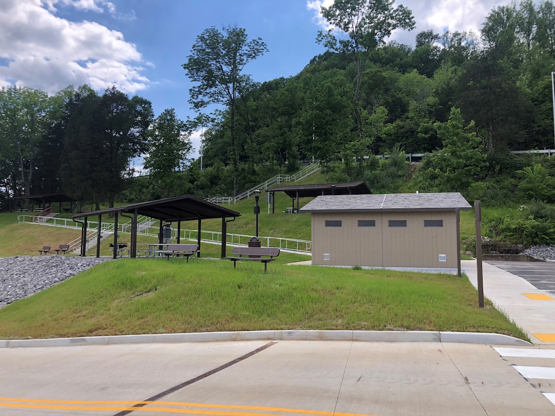 The U.S. Army Corps of Engineers Nashville District announces that Center Hill Recreation Area, located adjacent to Center Hill Dam, is once again open for public use beginning Friday, May 8, 2020.  Center Hill Recreation Area, which includes this restroom facility and picnic pavilion, has been closed since 2008 as a result of construction activities related to the Center Hill Dam Rehabilitation Project. (USACE photo by Bailey Carter)