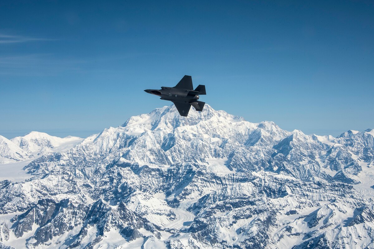 An F-35A Lightning II assigned to the 356th Fighter Squadron at Eielson Air Force Base flies over Denali National Park in Alaska May 5, 2020.