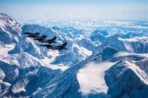 Two F-35A Lightning IIs assigned to the 356th Fighter Squadron and two F-16 Fighting Falcons assigned to the 18th Aggressor Squadron fly over Denali National Park in Alaska May 5, 2020.