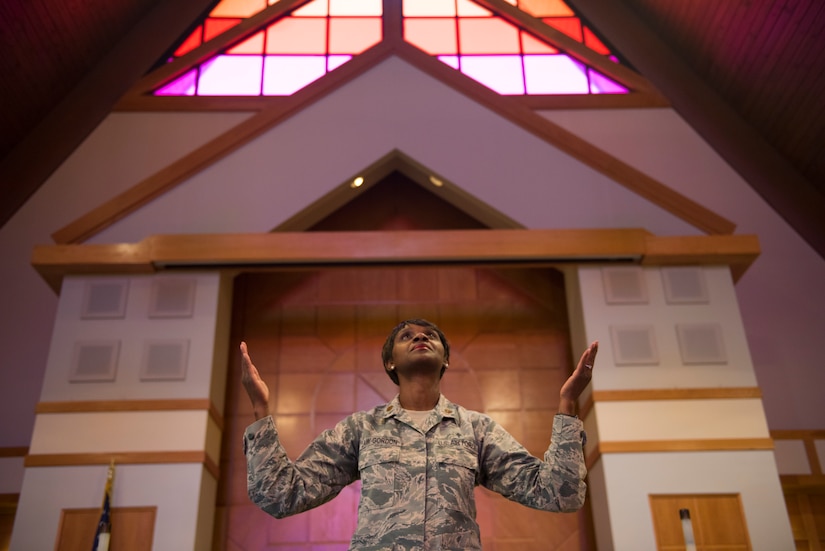 Major Michelle Law-Gordon, 628th Air Base Wing senior installation chaplain, poses for a photo at the Air Base Chapel on Joint Base Charleston, S.C. April 22, 2020. Law-Gordon won the 2019 Thoralf T. Thielen Award, recognizing her as the Air Force reserve chaplain of the year for Air Mobility Command. (U.S. Air Force photo by Airman Sara Jenkins)
