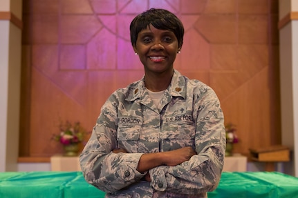 Major Michelle Law-Gordon, 628th Air Base Wing senior installation chaplain, poses for a photo at the Air Base Chapel on Joint Base Charleston, S.C. April 22, 2020. Law-Gordon won the 2019 Thoralf T. Thielen Award, recognizing her as the Air Force reserve chaplain of the year for Air Mobility Command. (U.S. Air Force photo by Airman Sara Jenkins)
