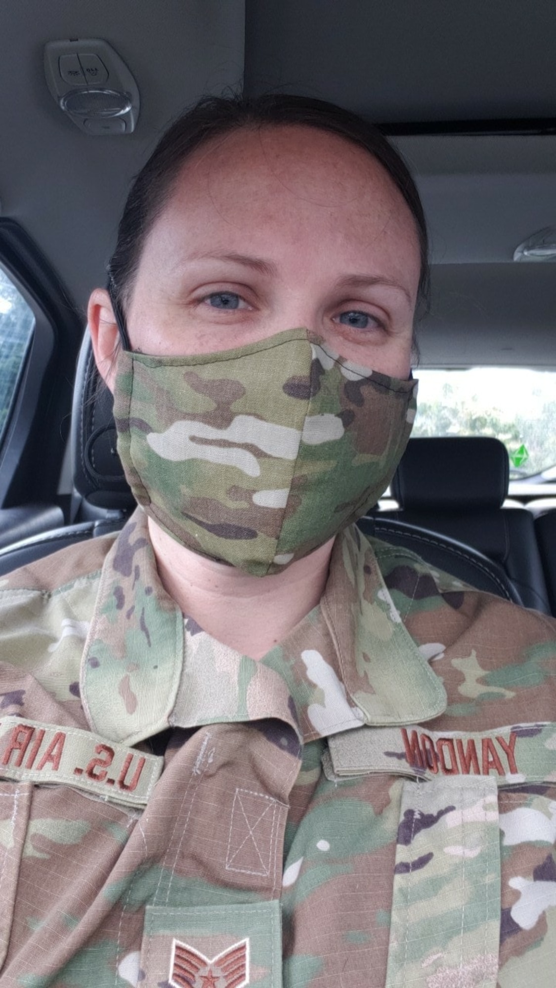 From her sewing machine at home, Staff Sgt. Rachel Yandon works on the 150 masks she donated for a Regional Medical Center in Alabama, May 7, 2020.  She then moved on to provide masks to coworkers at the Western Air Defense Sector.