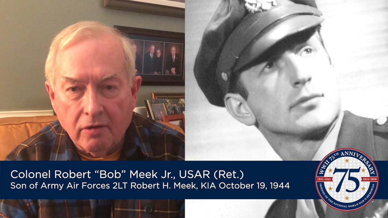 Man faces camera and speaks, with a black-and-white photo of his father from World War II as part of the image.