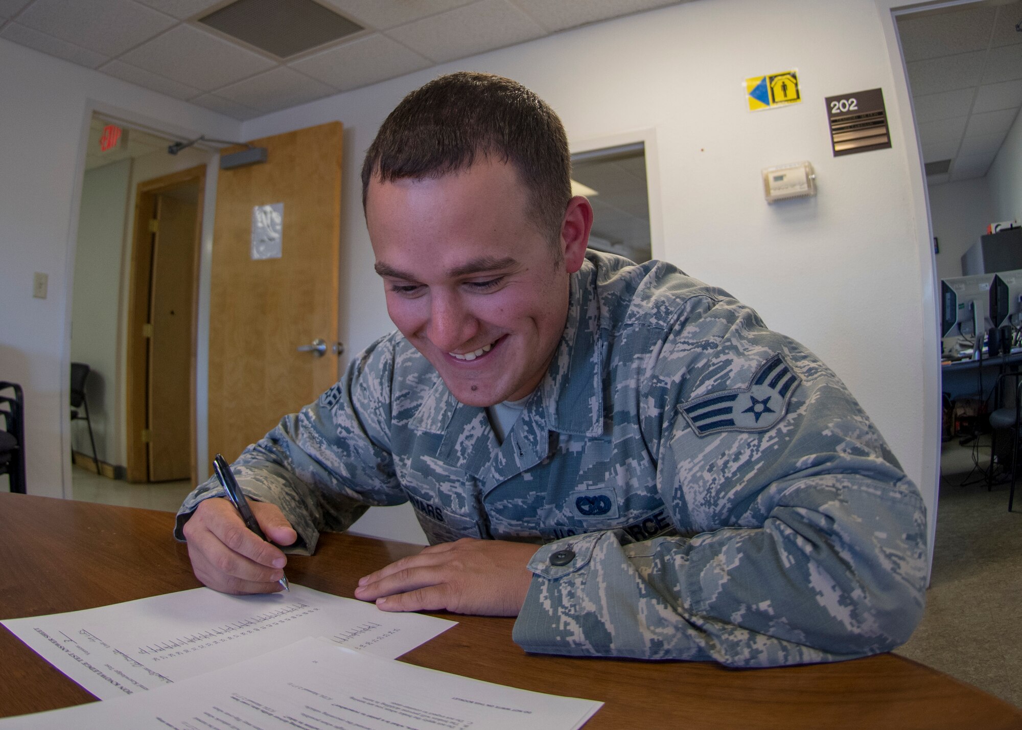 Senior Airman Ryan Nyars, 49th Logistic Readiness Squadron ground transportation trainer, takes an American Association for Motor Vehicle Administrator/Commercial Driver License certification test, March 6, 2020, on Holloman Air Force Base, N.M. Airmen seeking to obtain their AAMVA/CDL certification begins the qualification process with a written multiple-choice test that focuses on general CDL knowledge. (U.S. Air Force photo by Senior Airman Collette Brooks)