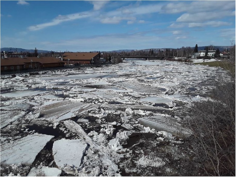 Officials for the U.S. Army Corps of Engineers – Alaska District observed an ice jam on the Chena River while monitoring changing river levels on April 23 near North Pole.
