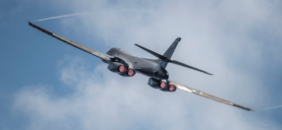 A 9th Expeditionary Bomb Squadron B-1B Lancer takes off at Andersen Air Force Base, Guam, May 8, 2020. It was one of two B-1s conducting a training mission in the South China Sea in support of Pacific Air Forces’ training efforts and strategic deterrence missions to reinforce the rules-based international order in the Indo-Pacific region. The 9th EBS is deployed from the 7th Bomb Wing, Dyess AFB, Texas.  This is the first BTF deployment to the PACAF theater since the B-2 Spirit from the 393rd Bomb Squadron, Whiteman AFB, Missouri, deployed to Hawaii in January 2019. (U.S. Air Force photo by Senior Airman River Bruce)