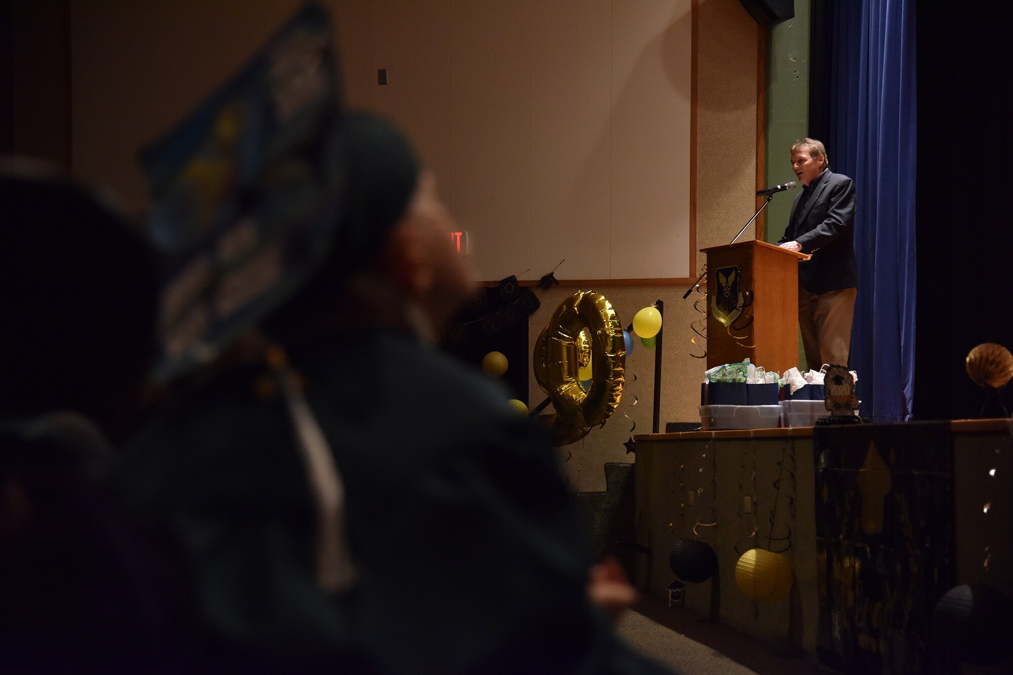 Tom Moore, Great Falls Public Schools superintendent, addresses high school seniors during a ceremony May 8, 2020, at Malmstrom Air Force Base, Montana. Due to the current uncertainty of COVID-19 causing a disruption in normal routines, this ceremony offered the opportunity to recognize Malmstrom’s graduating class of 2020. (U.S. Air Force photo by Senior Airman Daniel Brosam)