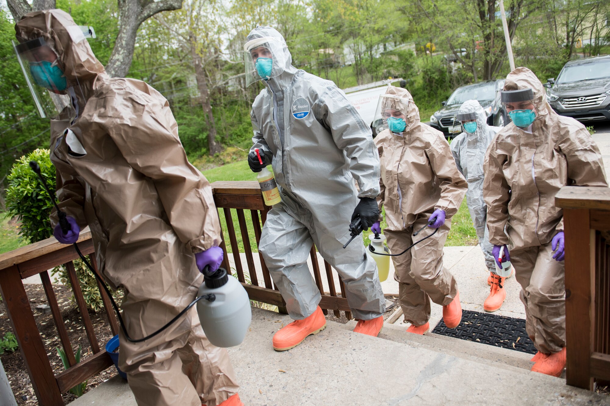 West Virginia National Guard Soldiers and Airmen assigned to Task Force Chemical, Biological, Radiological and Nuclear (CBRN) Response Enterprise (CRE) East, sanitize the Children’s Home Society in Romney, Va., May 1, 2020. Task Force CRE has conducted sanitization and decontamination, COVID-19 swabbing, and personal protective equipment training across the state as part of the COVID-19 response efforts.