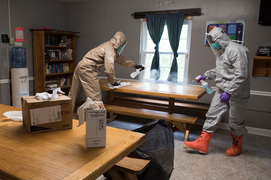 West Virginia National Guard Soldiers and Airmen assigned to Task Force Chemical, Biological, Radiological and Nuclear (CBRN) Response Enterprise (CRE) East, sanitize the Children’s Home Society in Romney, Va., May 1, 2020. Task Force CRE has conducted sanitization and decontamination, COVID-19 swabbing, and personal protective equipment training across the state as part of the COVID-19 response efforts.