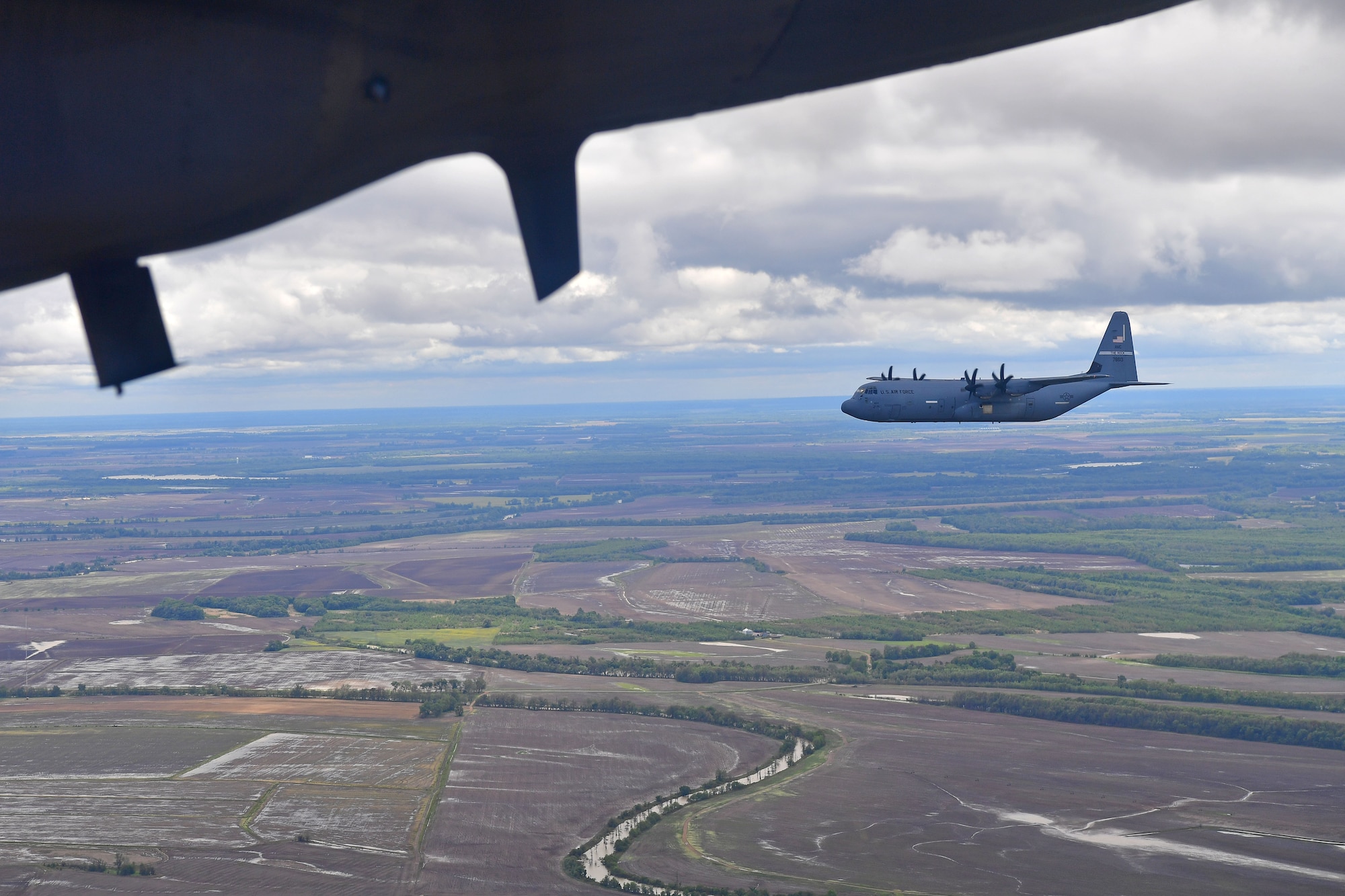 C-130s fly over the city of Little Rock Arkansas