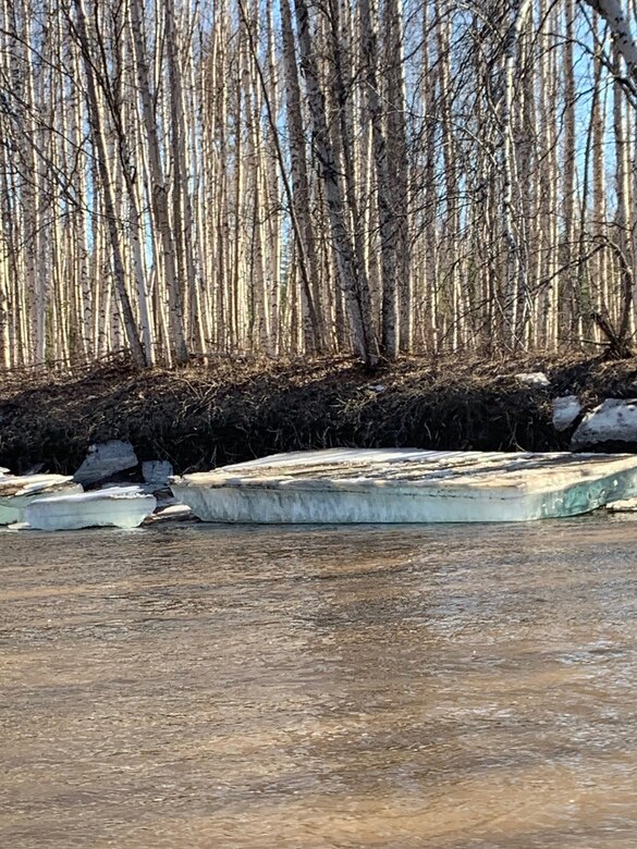 A large piece of ice grounded on the banks of the Chena River on May 3, days after the U.S. Army Corps of Engineers – Alaska District ended its operation of the Moose Creek Dam to reduce flooding from ice jams along the Chena River.