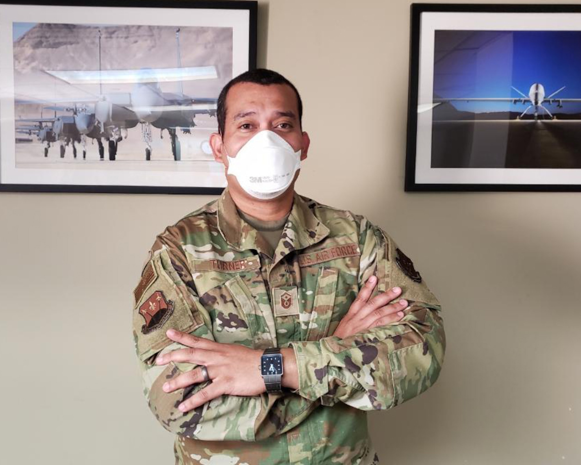 Master Sgt. Alexander Turner, 706th Fighter Squadron first sergeant, Nellis Air Force Base, Nevada, May 2, 2020. Turner has been working non-stop to ensure his Airmen are taken care of with food security, financial readiness and resiliency during the COVID-19 pandemic.