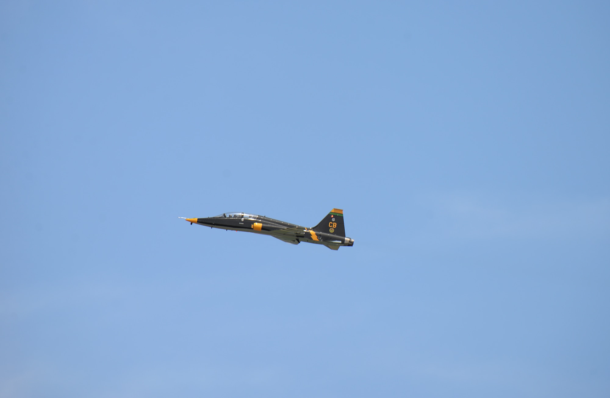 A T-38C Talon departs Columbus Air Force Base, Miss., to fly in a dissimilar formation of aircraft over various areas of Mississippi, May 9, 2020. The flyover was an opportunity to honor the men and women on the front lines in the fight against COVID-19 during the Defense Department’s  #AmericaStrong salute. The flyover consisted of the T-6A Texan II, T-1A Jayhawk and the T-38 Talon. (U.S. Air Force photo by Airman 1st Class Hannah Bean)