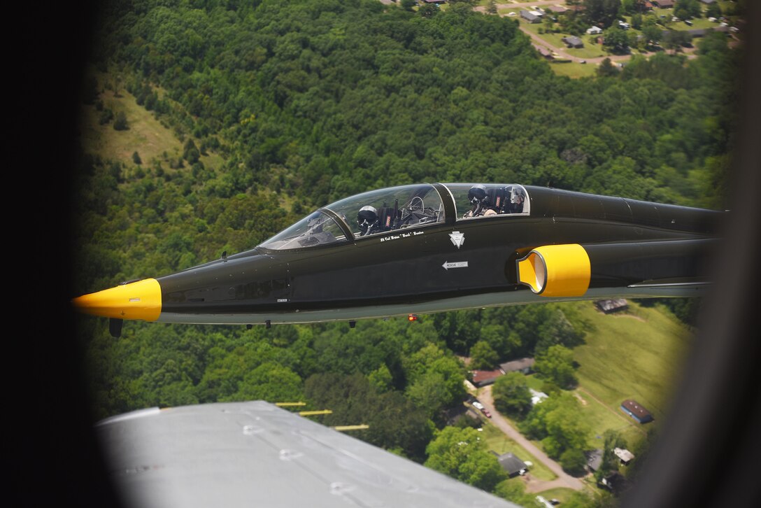 A T-38 Talon flies in a dissimilar formation of aircraft from Columbus Air Force Base, Miss., over Mississippi, May 9, 2020. The flyover was an opportunity to honor the men and women on the front lines in the fight against COVID-19 during the Defense Department’s  #AmericaStrong salute. The flyover consisted of the T-6A Texan II, T-1A Jayhawk and the T-38 Talon. (U.S. Air Force photo by Senior Airman Keith Holcomb)