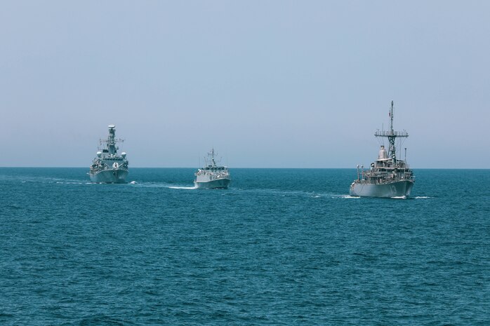 200428-A-DZ781-0002 ARABIAN GULF (May 28, 2020) – The HMS Argyll, HMS Shoreham and the mine countermeasures ship USS Dextrous (MCM 13) participate in the bilateral Mine Countermeasures Exercise 2020 (MCMEX 20) with the mine countermeasures ship USS Gladiator (MCM 11) in the Arabian Gulf, March 28. Gladiator is forward-deployed to the U.S. 5th Fleet area of operations in support of naval operations to ensure maritime stability and security in the Central region, connecting the Mediterranean and the Pacific through the Western Indian Ocean and three strategic choke points. (U.S. Army photo by Pfc. Christopher Cameron)