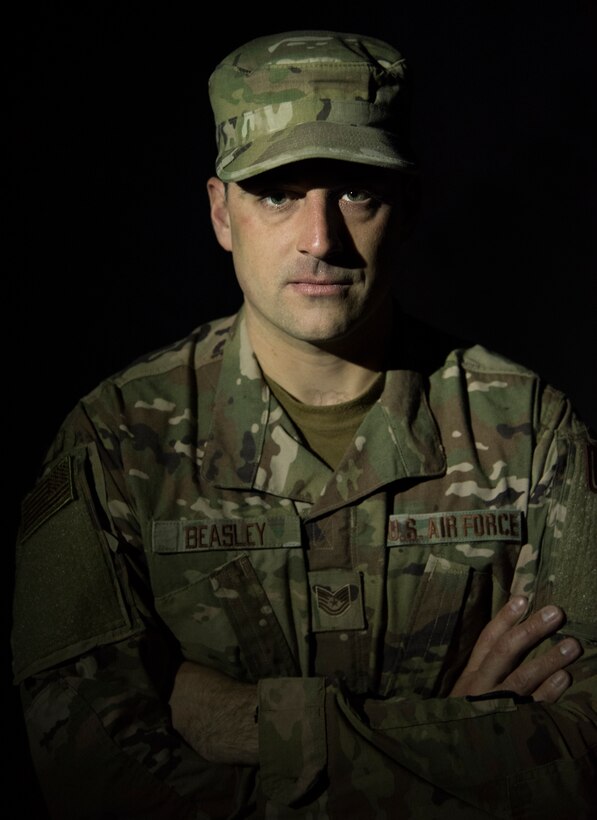 U.S. Air Force Tech. Sgt. Justin P. Beasley, 786th Civil Engineer Squadron Explosive Ordnance Disposal team leader, stands for a photo at Ramstein Air Base, Germany, May 6, 2020.