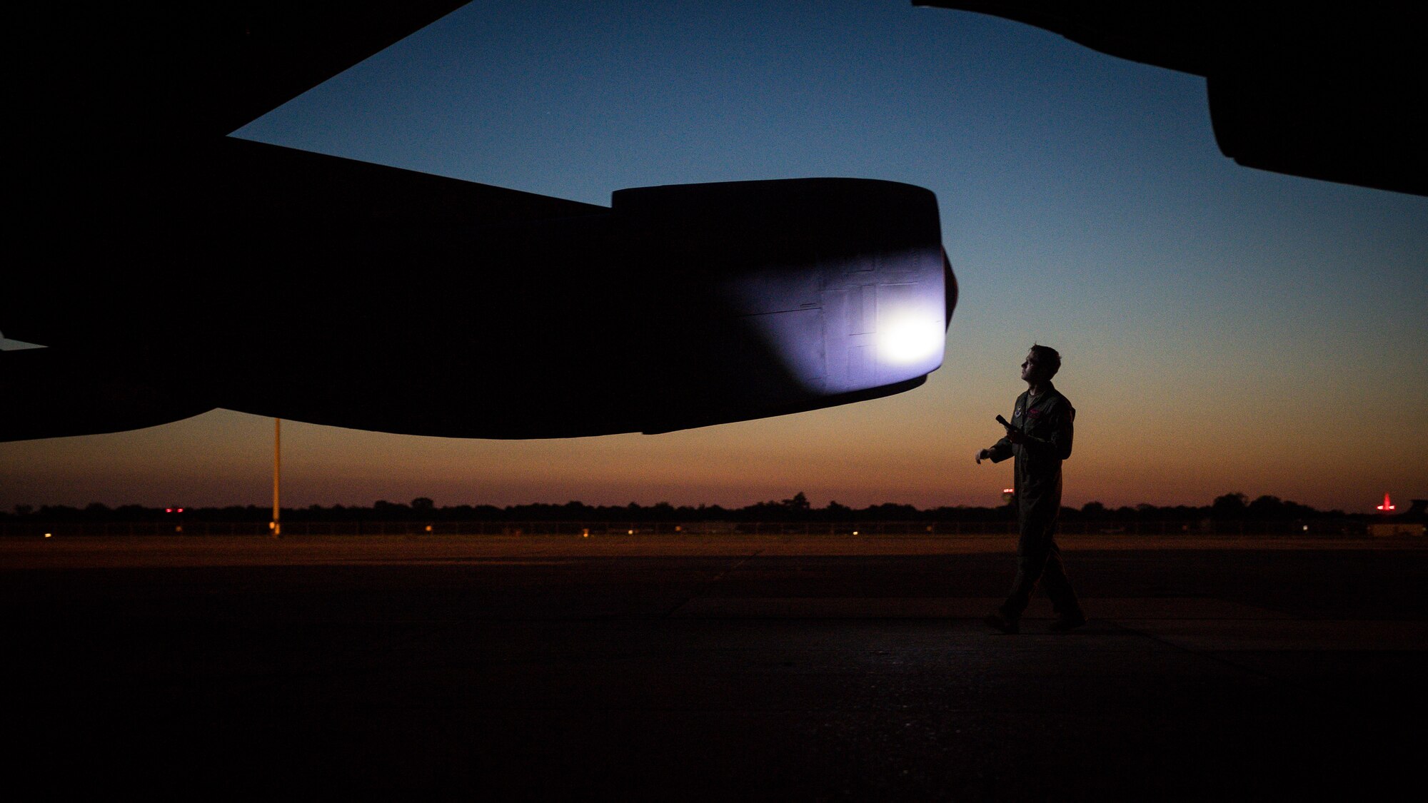 Capt. Mike Brogan, 96th Bomb Squadron pilot, inspects a B-52H Stratofortress while preparing for take off at Barksdale Air Force Base, La., May 7, 2020. Long-range, strategic bomber missions demonstrate the U.S capability to command, control and conduct strategic bomber missions around the globe, demonstrating U.S. commitment to allies and partners, the credibility and flexibility of our forces to address today’s complex, dynamic and volatile global security environment.