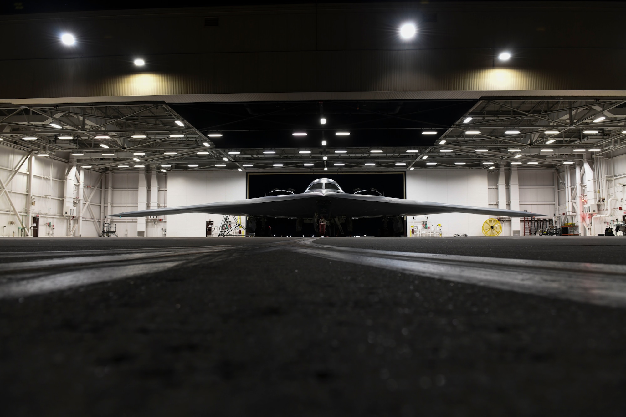 A B-2 Spirit Stealth Bomber, assigned to Whiteman Air Force Base, prepares to support of U.S. Strategic Command strategic presence operations at Whiteman AFB, Missouri, May 7, 2020. U.S. Strategic Command routinely conducts strategic presence operations across the globe as a demonstration of U.S. commitment to collective defense and to integrate with Geographic Combatant Command operations and activities. These missions also familiarize aircrews with air bases, procedures, and operations in different Geographic Combatant Commands areas of operations.