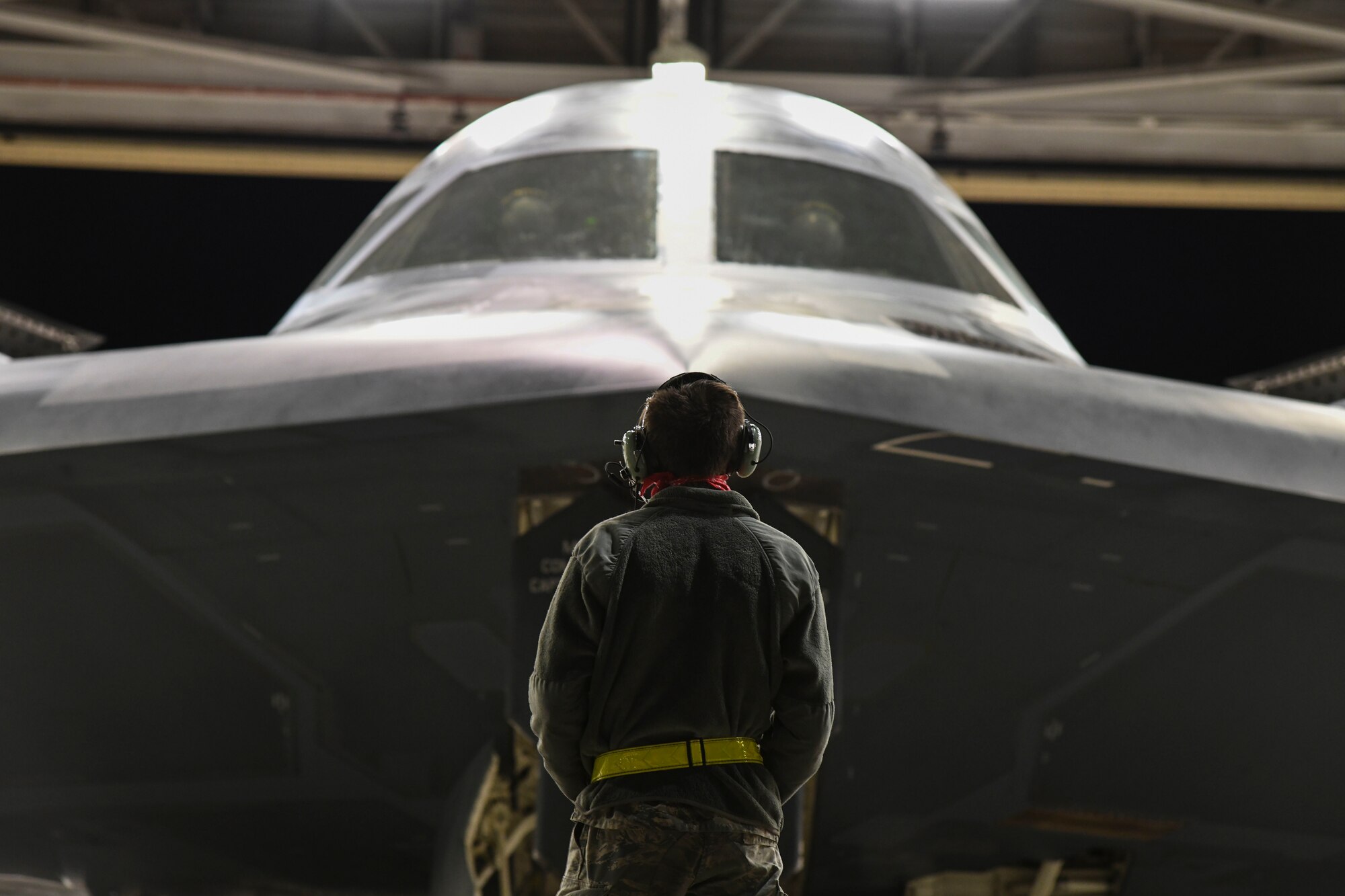 A maintainer assigned to 509th Aircraft Maintenance Squadron prepare a B-2 Spirit Stealth Bomber for take-off in support of U.S. Strategic Command strategic presence operations at Whiteman AFB, Missouri, May 7, 2020. U.S. Strategic Command routinely conducts strategic presence operations across the globe as a demonstration of U.S. commitment to collective defense and to integrate with Geographic Combatant Command operations and activities. These missions also familiarize aircrews with air bases, procedures, and operations in different Geographic Combatant Commands areas of operations.