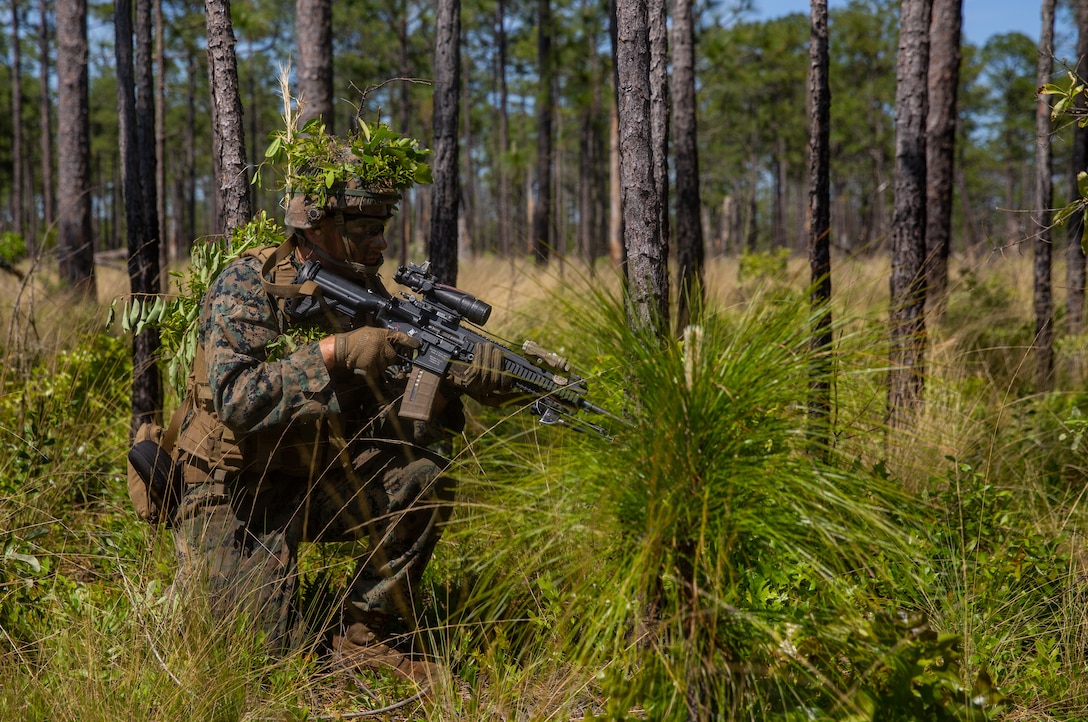 U.S. Marine provides security during a support by fire at Camp Lejeune, North Carolina, May 5.