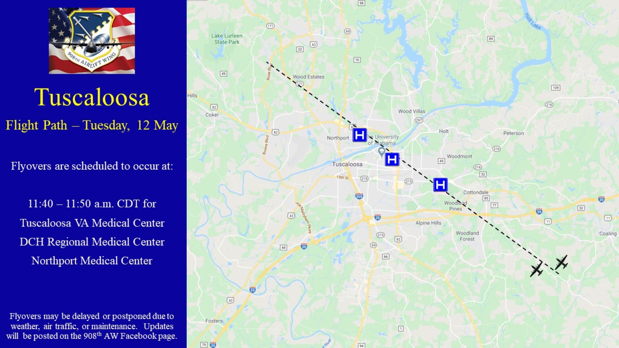 Tuscaloosa flight path and times