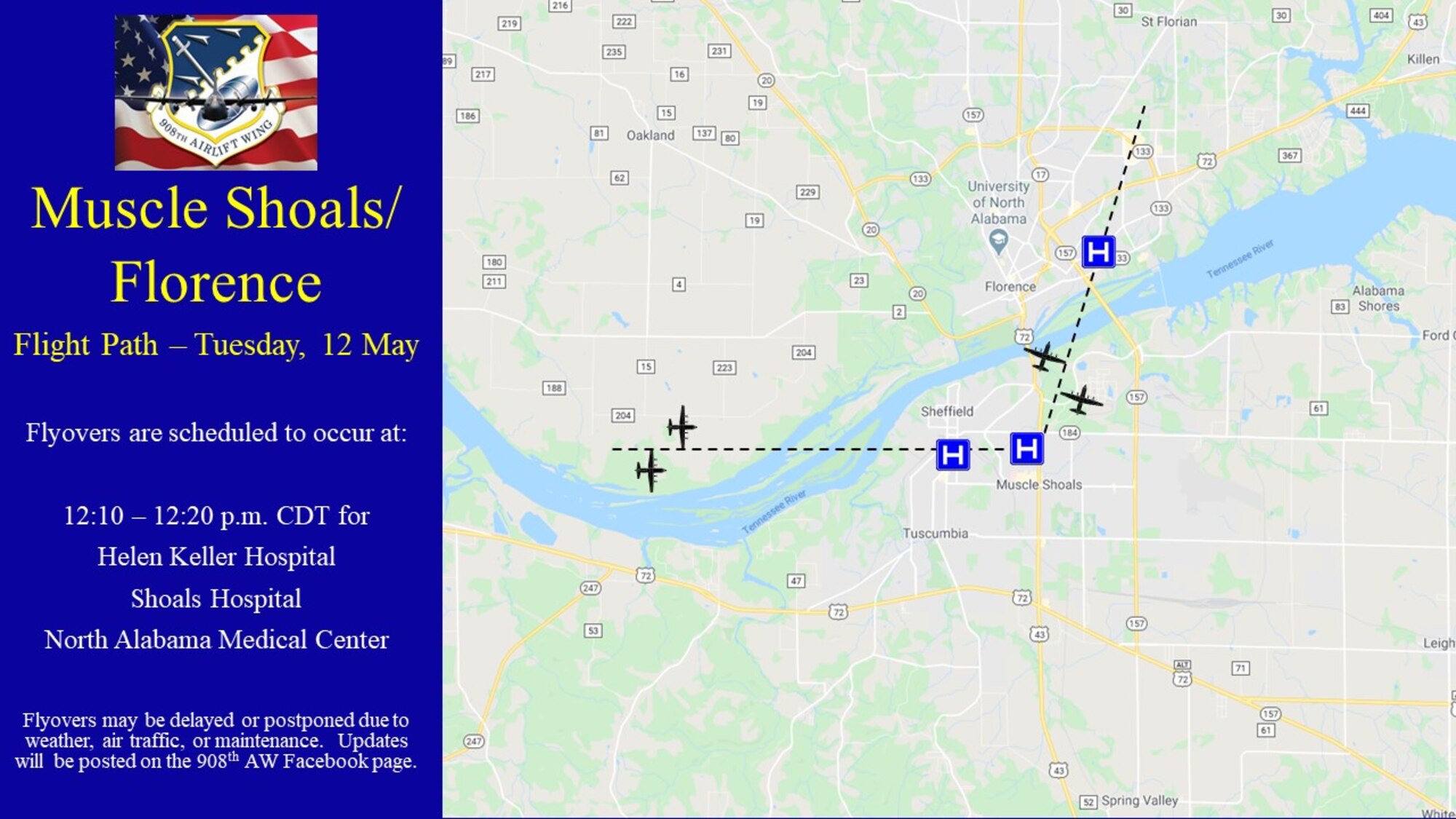 Muscle Shoals/Florence flight path and times