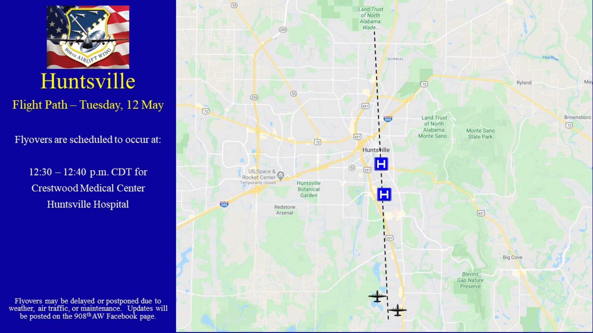 Huntsville flight path and times