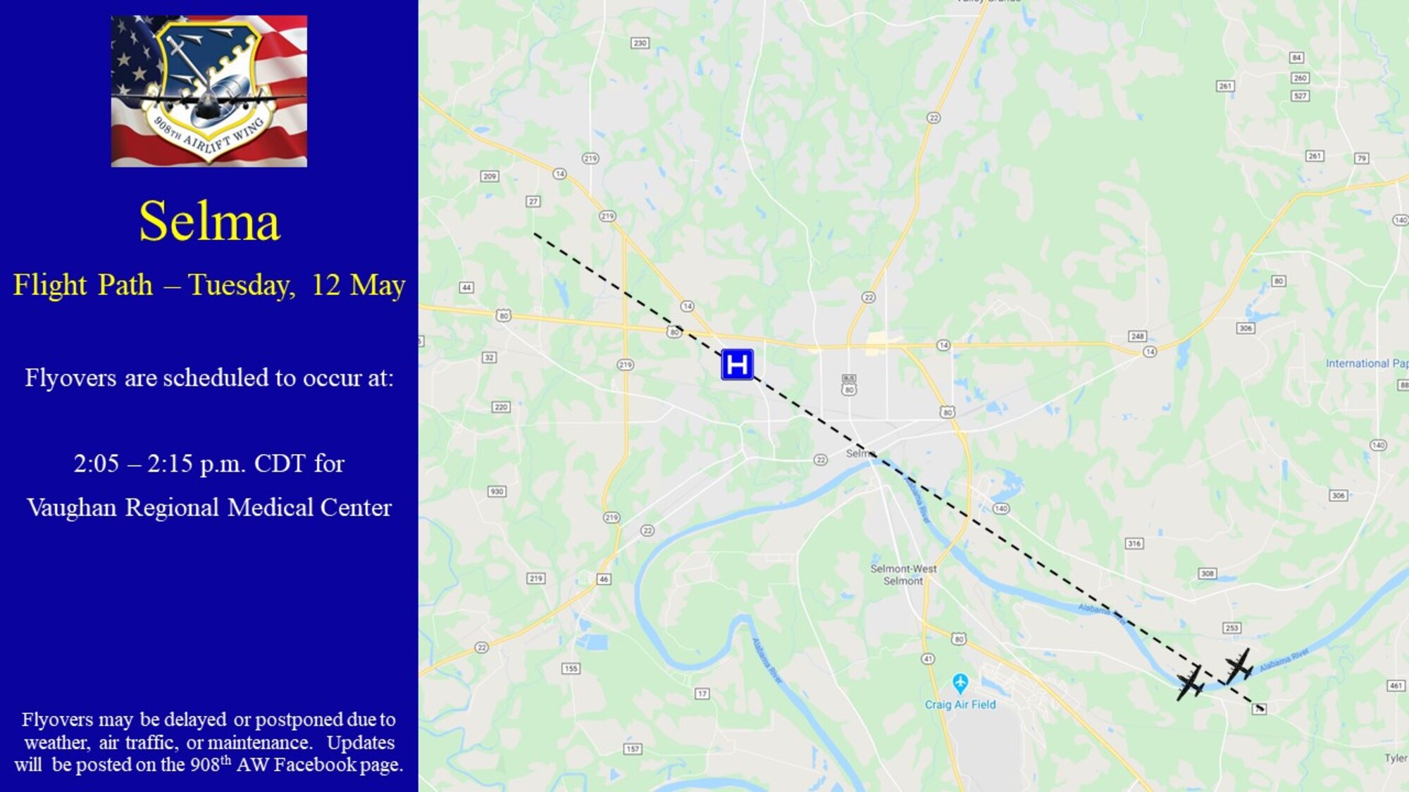 Selma flight path and times