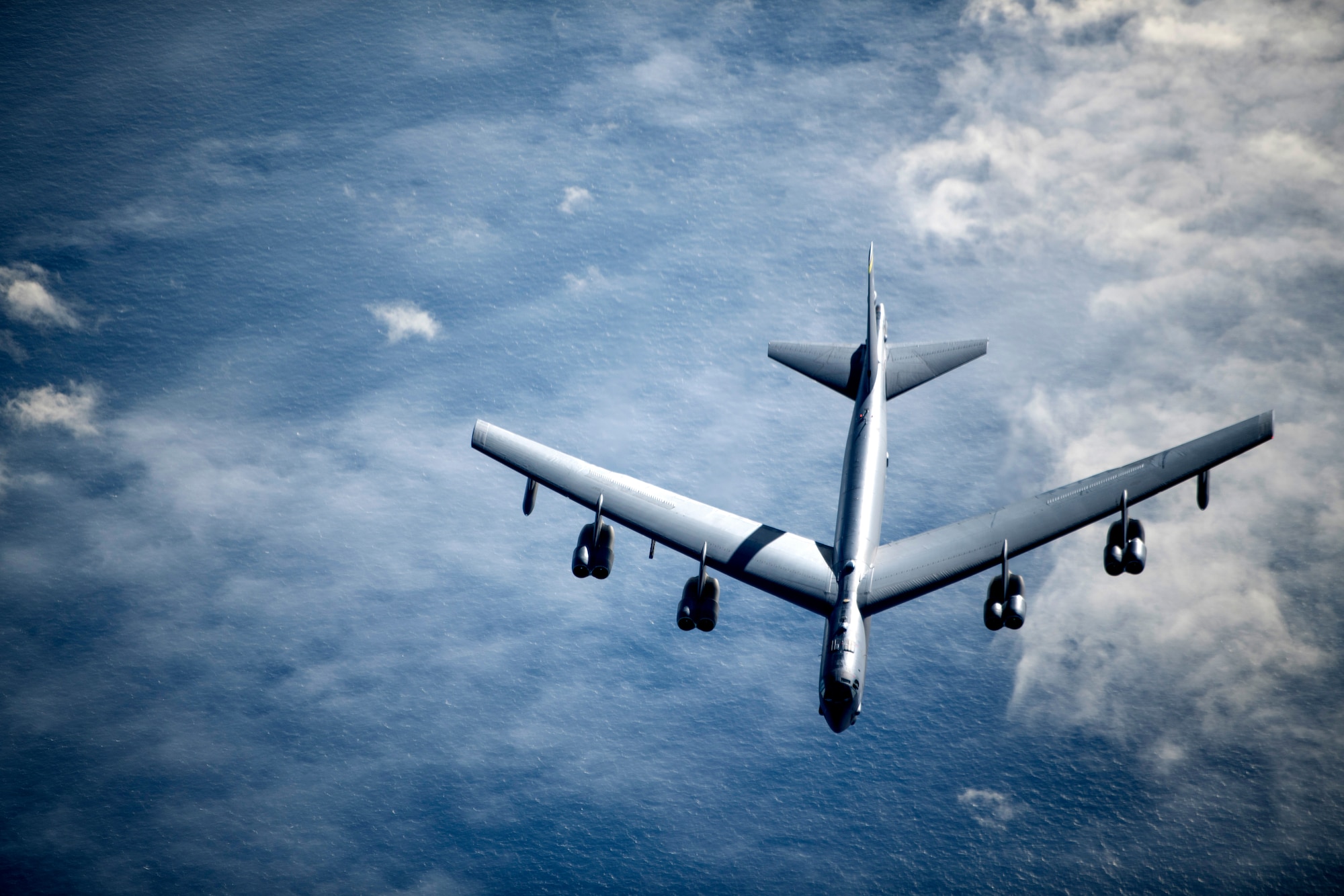 A U.S. Air Force B-52 Stratofortress breaks away from a KC-135 Stratotanker from the 100th Air Refueling Wing, RAF Mildenhall, England, after receiving fuel during a strategic bomber mission, May 7, 2020. Strategic bomber missions enable crews to maintain a high state of readiness and proficiency, and validate our always-ready global strike capability.